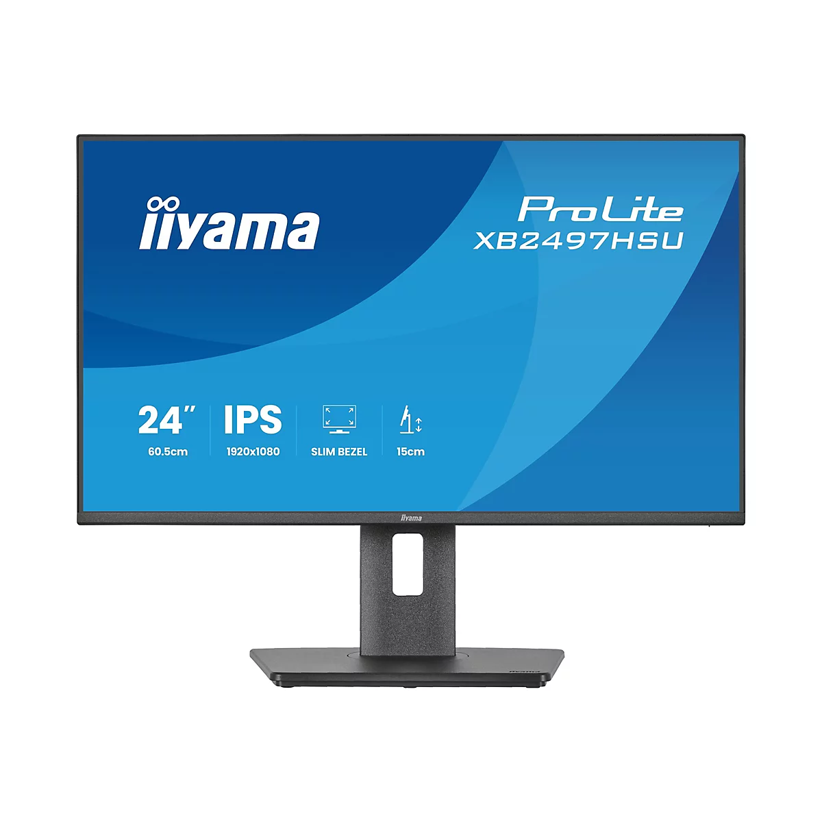 Un moniteur iiyama ProLite XB2497HSU sur fond bleu, affichant des informations telles que la taille, la résolution et la lunette fine.