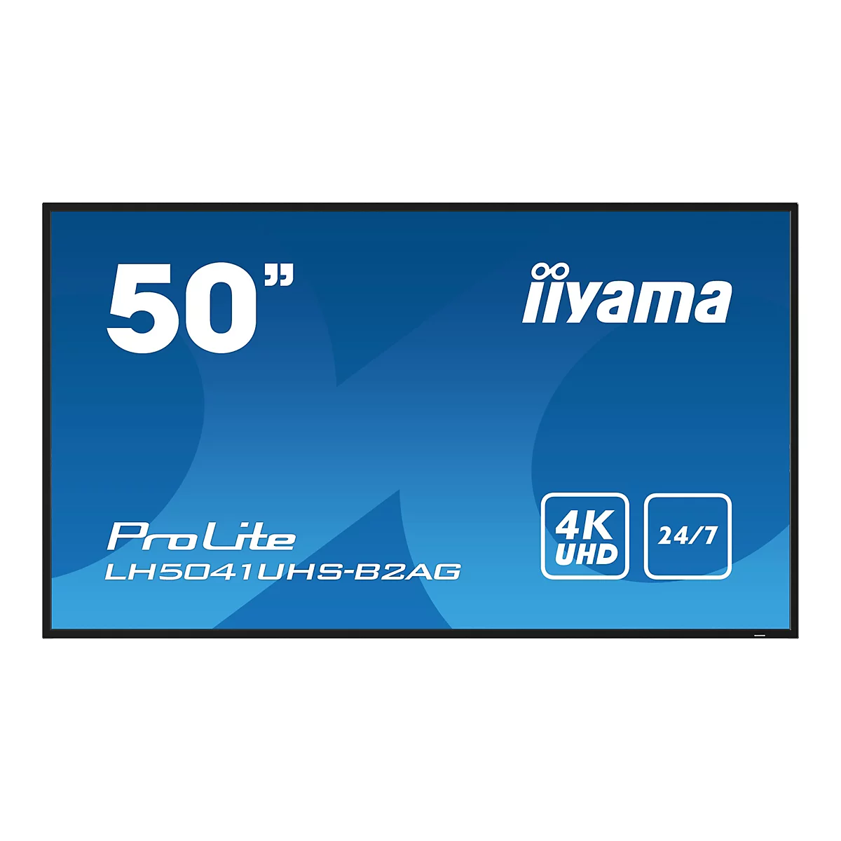 Un moniteur de 50 pouces de iiyama avec une résolution 4K UHD, marque ProLite, fonctionnement 24h/24 et 7j/7. Surface bleue avec lettrage blanc.