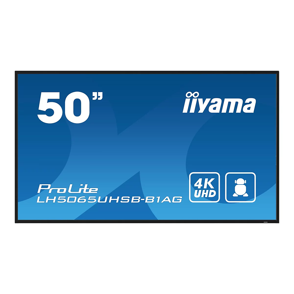 Un téléviseur à écran plat noir avec un fond bleu. La taille "50 pouces" est écrite en haut, la marque "iiyama" en dessous. En dessous se trouvent les logos "4K UHD" et un robot.
