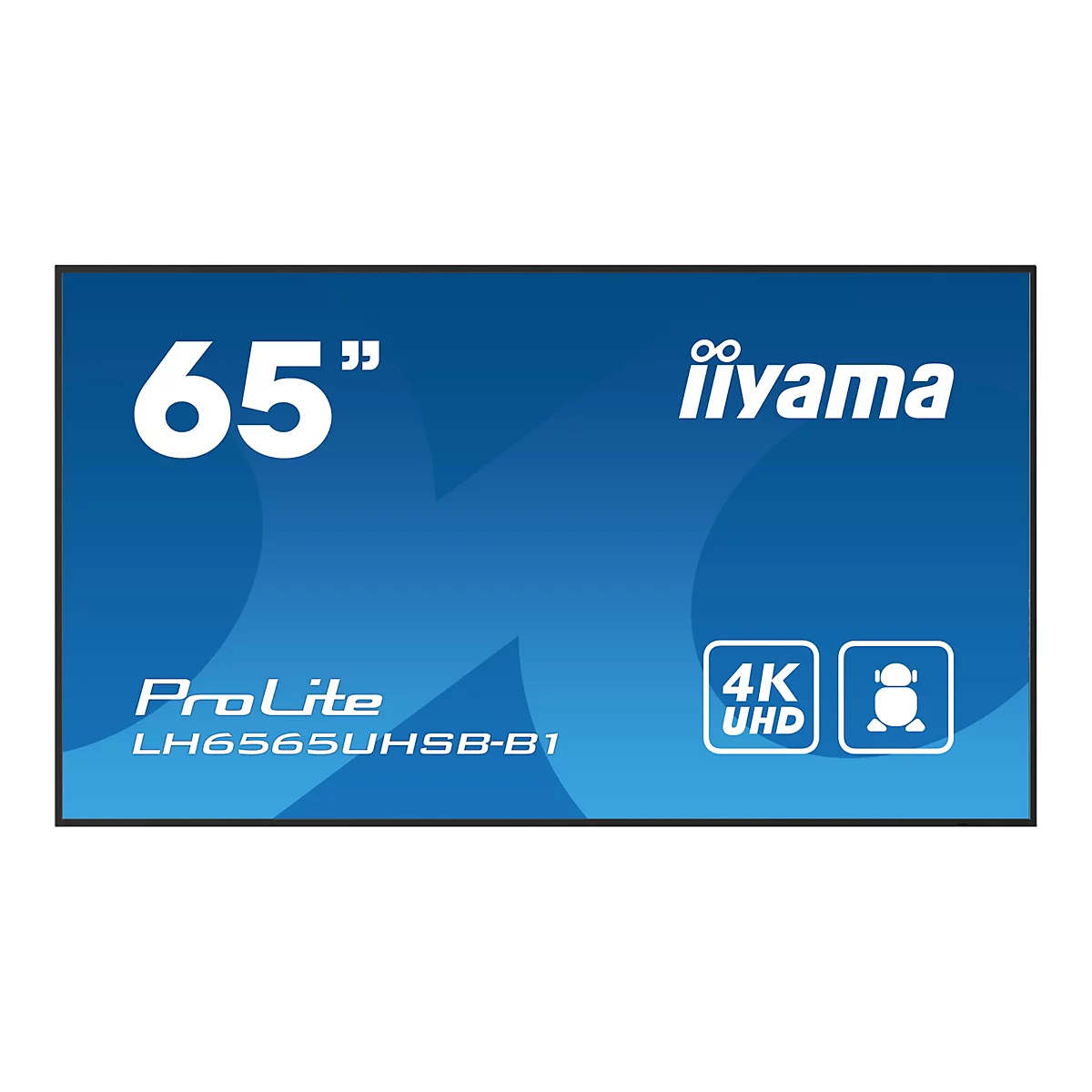 Écran plat affichant '65''', marque 'iiyama', et caractéristiques '4K UHD'.
