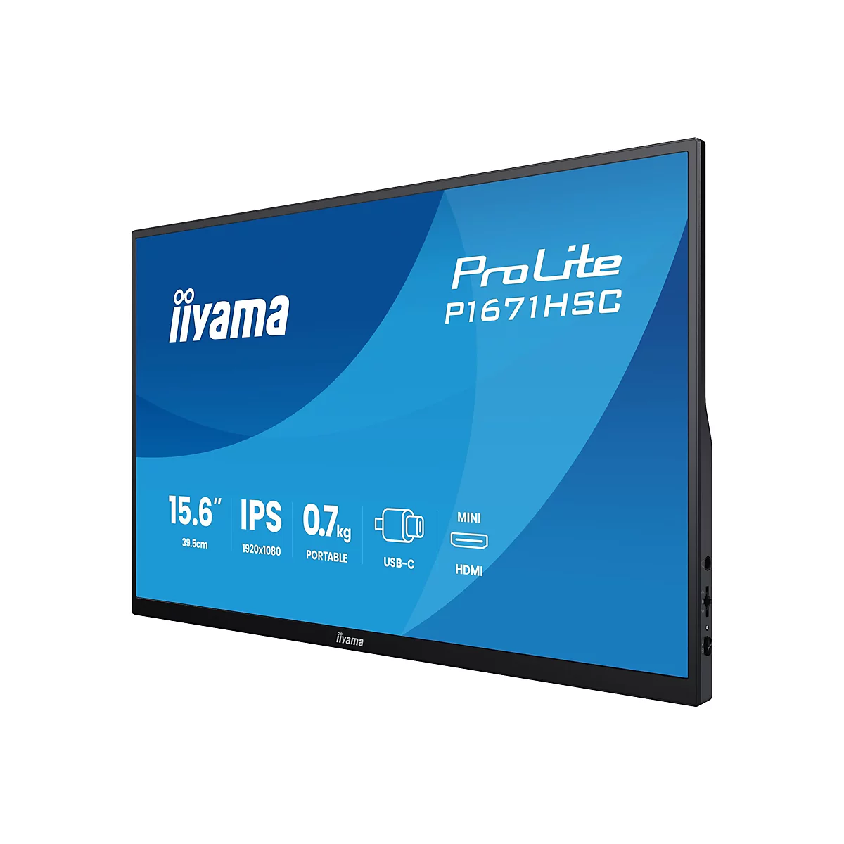 L'écran iiyama ProLite P1671HSC est présenté en biais. Le nom de la marque et les spécifications sont affichés sur l'écran bleu.