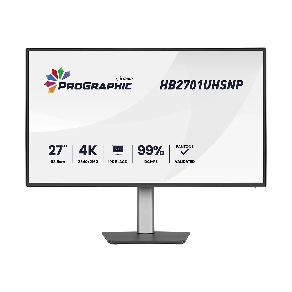 Ein schwarzer Computerbildschirm mit weißem Hintergrund. Der Bildschirm zeigt Logo und Produktinformationen, darunter Modellnummer, Größe und technische Daten.