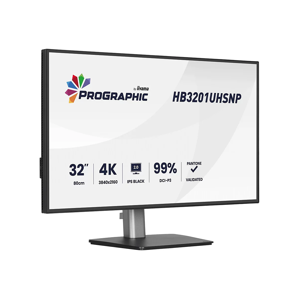 Ein schwarzer Monitor, auf dem Produktinformationen stehen. Auf dem Bildschirm befinden sich Logos und Spezifikationen wie Größe, Auflösung und Farbgenauigkeit.