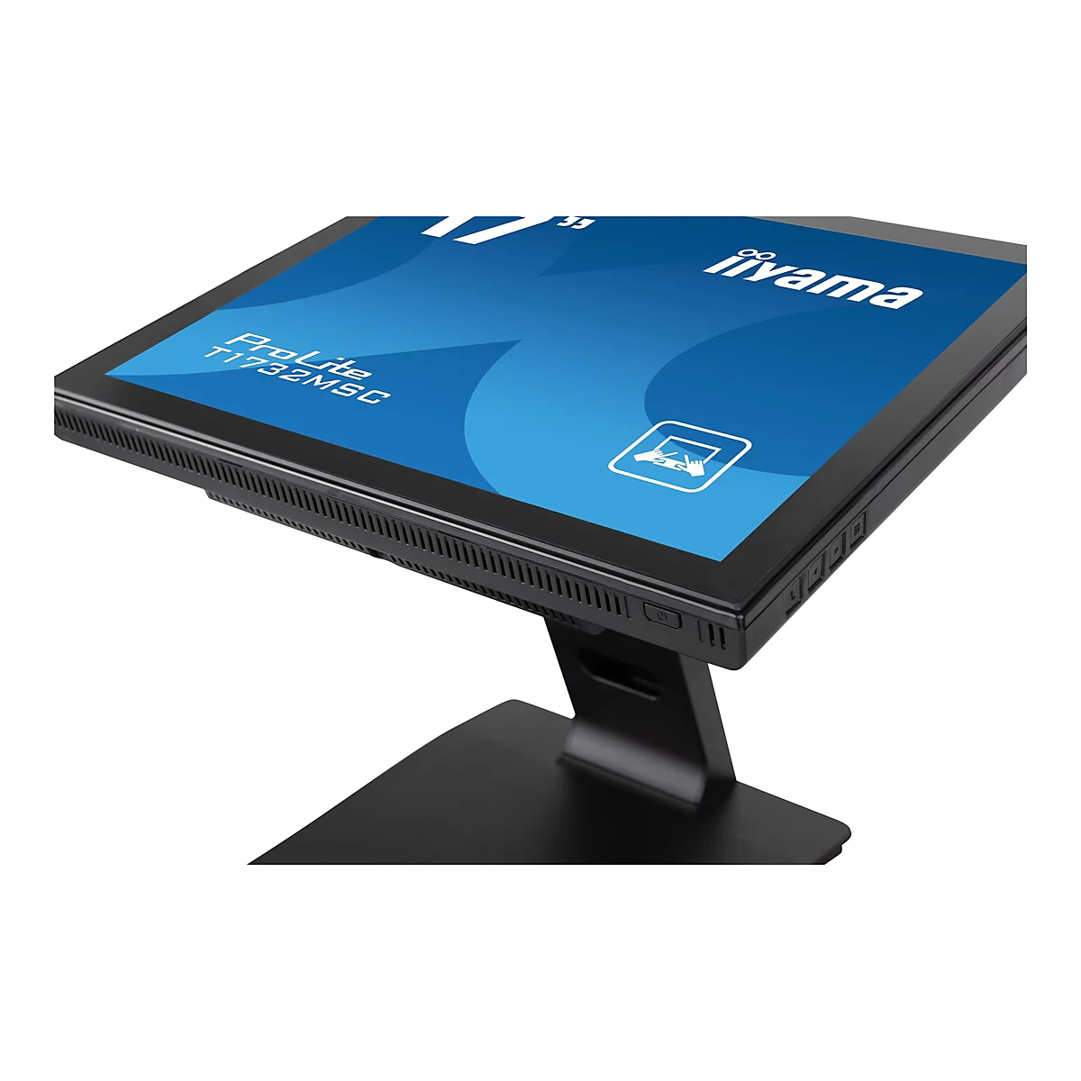 Un écran tactile noir se dresse sur fond blanc. Sur l'écran, fond d'écran bleu avec le logo iiyama et le symbole.