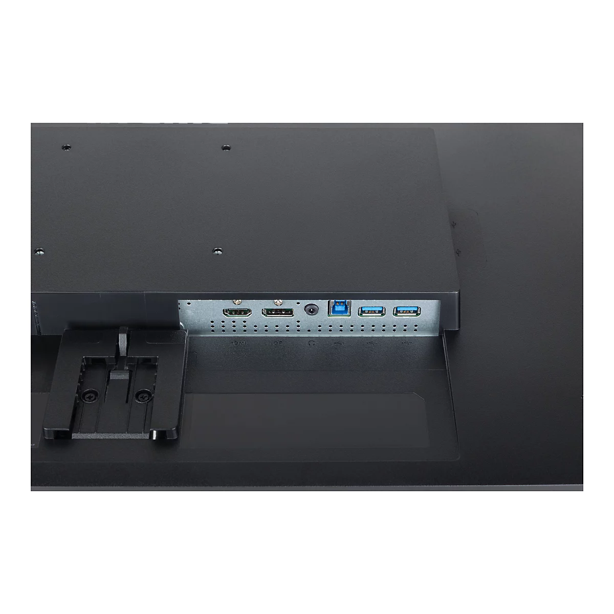 Gros plan de l'arrière d'un moniteur noir. Des ports tels que HDMI, USB et DisplayPort sont visibles.