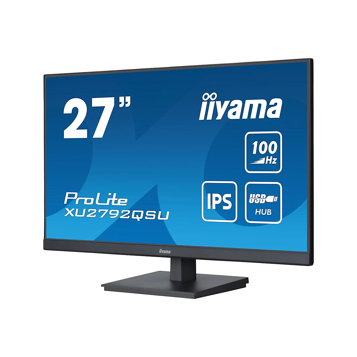 Un moniteur iiyama noir avec un écran bleu affichant "27 pouces". Autres icônes : "100 Hz", "IPS", "USB HUB".
