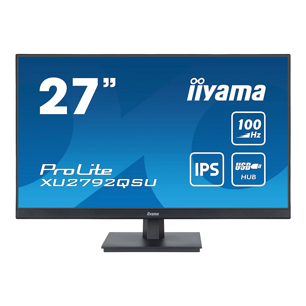 Moniteur iiyama noir et gris avec un écran de 27 pouces, modèle XU2792QSU, affichage bleu, logos.