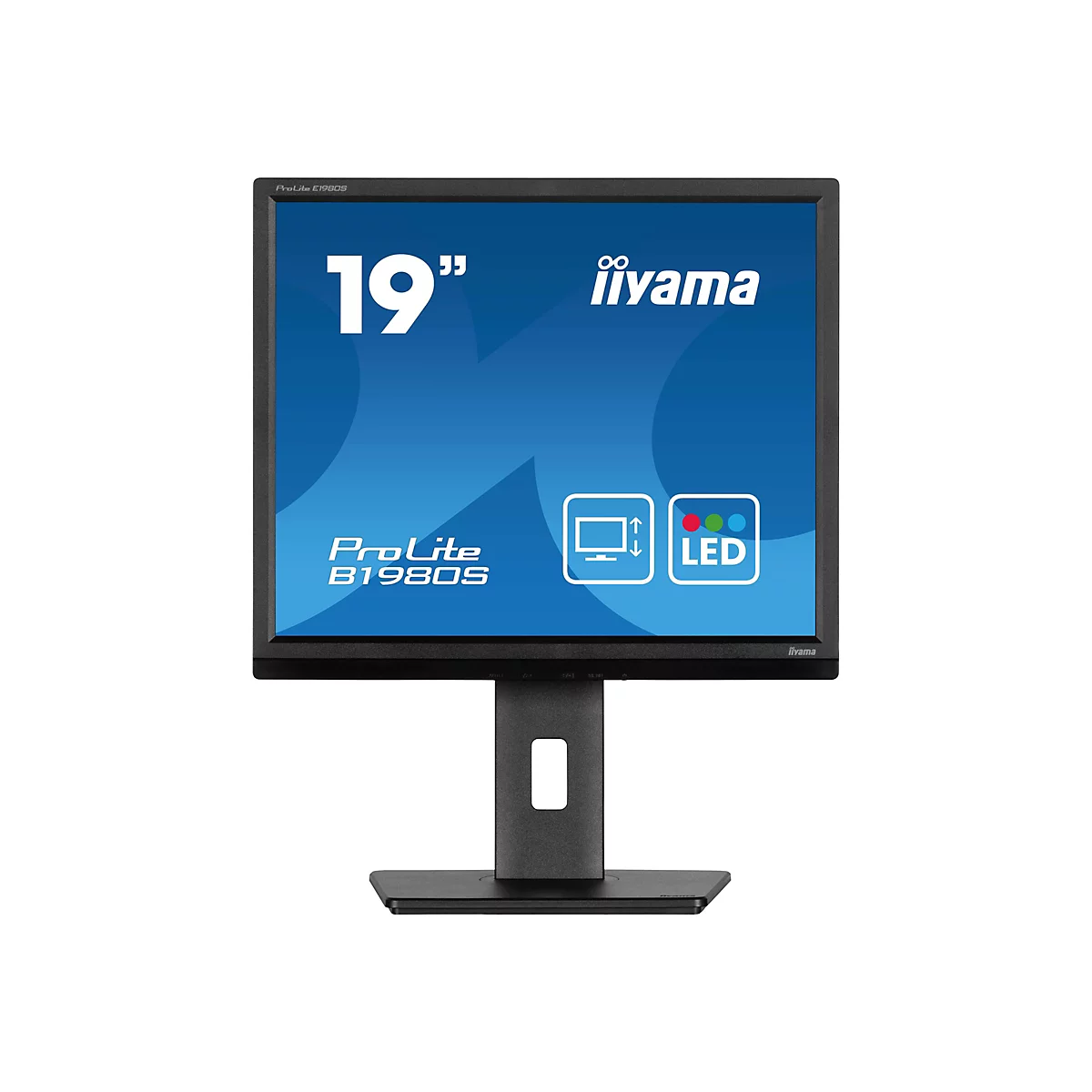 Schwarzer iiyama Monitor mit blauem Bildschirm. Aufschrift: 19", iiyama, ProLite B1980S, LED.