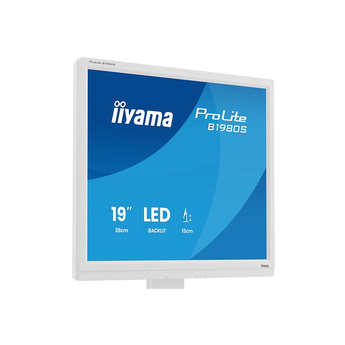 Un écran blanc Iiyama ProLite B1980S de 19 pouces avec un écran bleu. L'écran affiche l'écriture "iiyama", "ProLite B1980S", "19" LED" et des spécifications techniques.