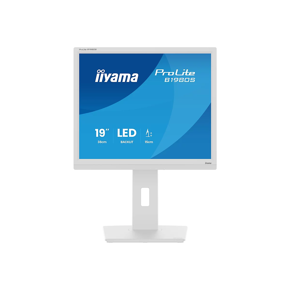Moniteur blanc Iiyama ProLite B1980S avec un écran bleu. Sur l'écran: marque, nom du modèle et spécifications.