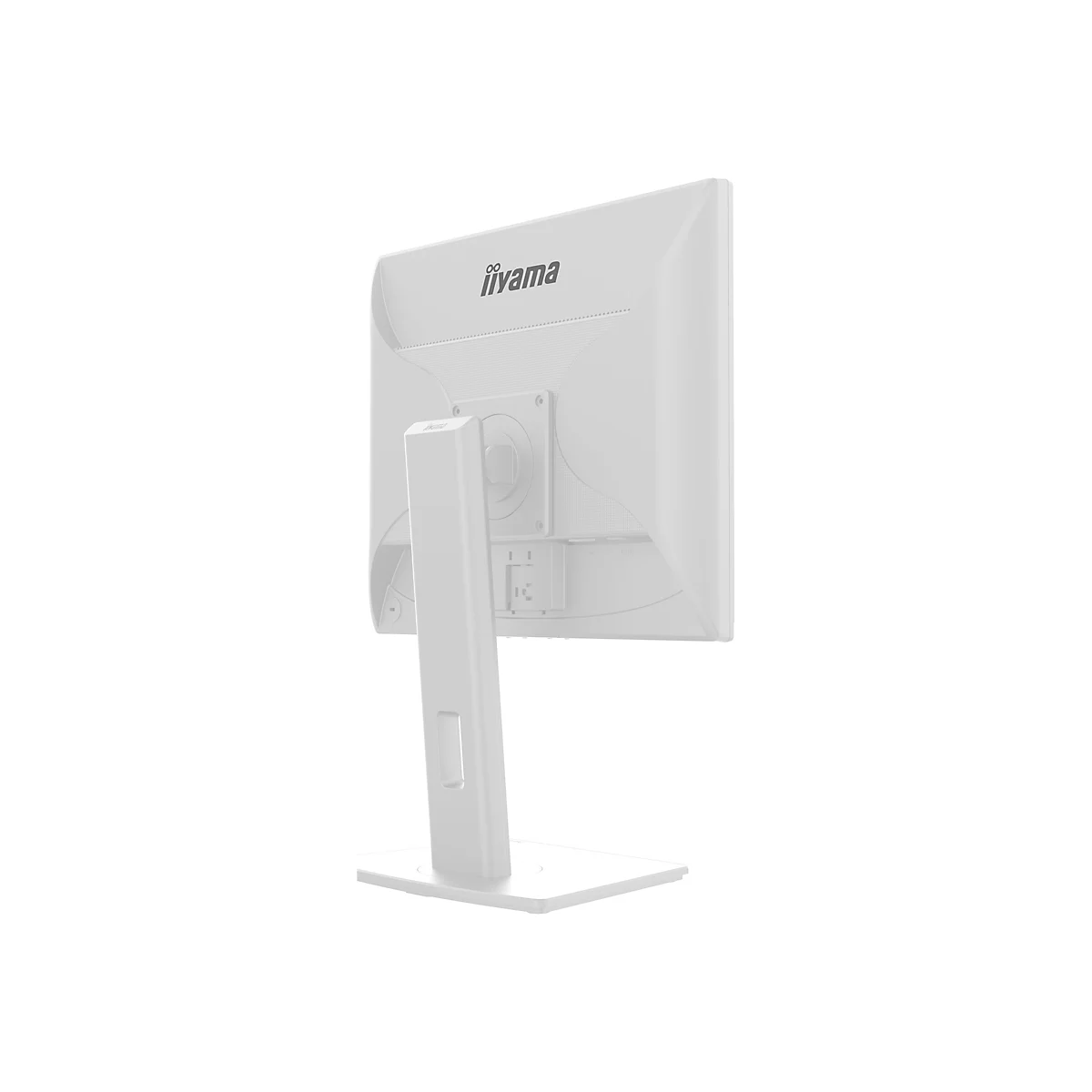 Der weiße Monitor ist von der Rückseite mit Standfuß abgebildet. Auf der oberen Seite ist der Schriftzug "iiyama" zu sehen.