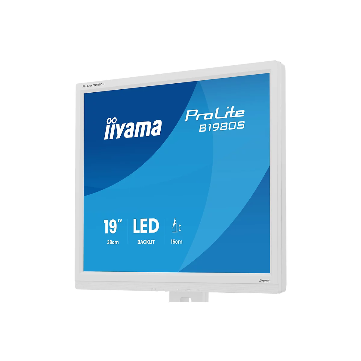 Ein weißer iiyama Monitor auf weißem Hintergrund. Auf dem Bildschirm sind Schriftzüge wie "ProLite B1980S", "19 LED" und weitere Angaben.