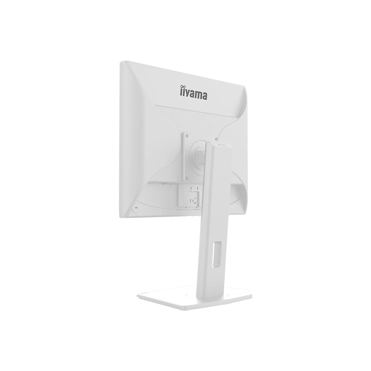 Rückansicht eines weißen iiYama-Monitors. Der Monitor steht auf einem weißen Ständer.