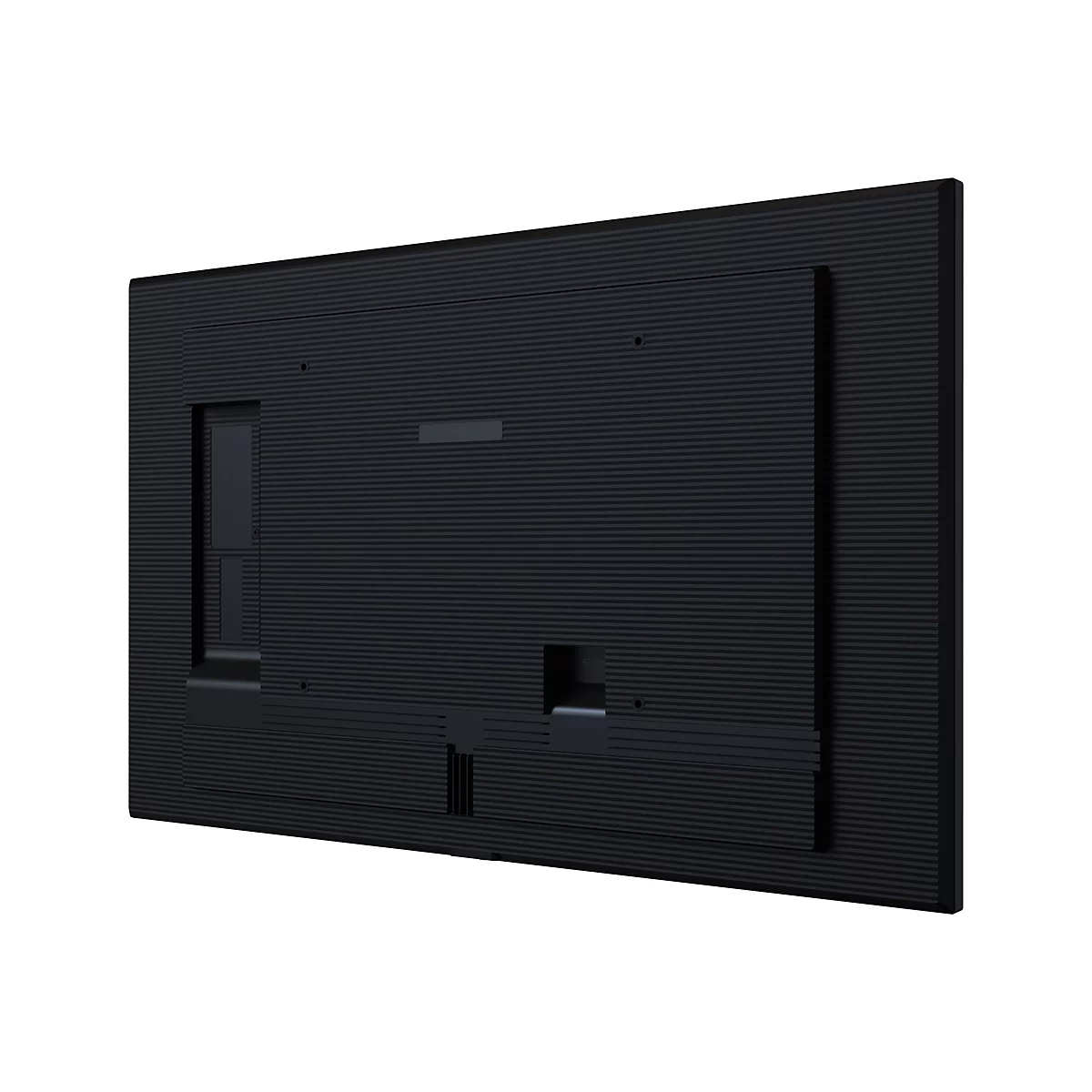 Arrière d'une télévision noire avec une surface rainurée, divers connecteurs et un cadre rectangulaire. L'image est prise sur un fond blanc.