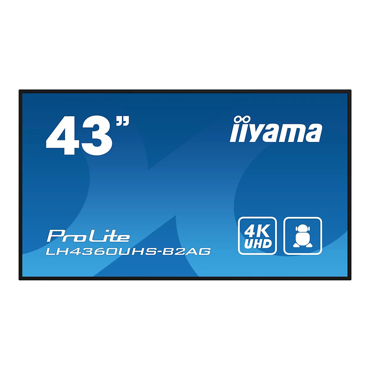 Un moniteur iiyama ProLite de 43 pouces avec logo 4K UHD sur fond bleu.