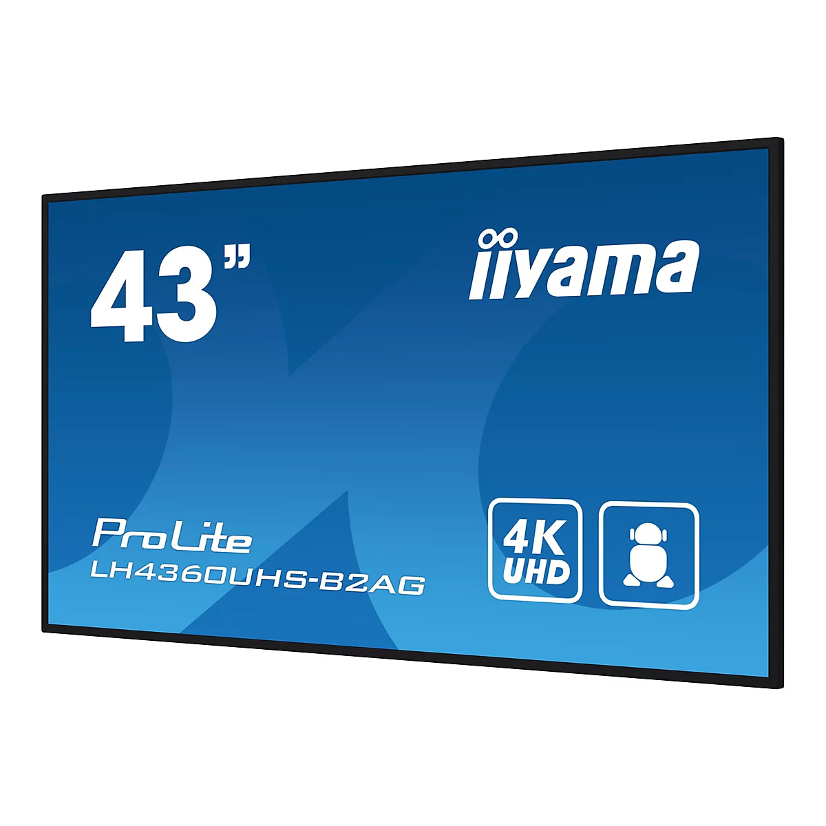 Un téléviseur iiyama ProLite de 43 pouces avec une résolution 4K UHD. Sur fond bleu, cadre noir.