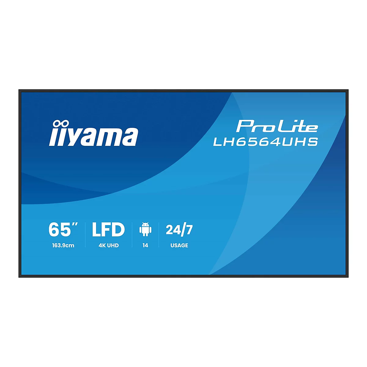 Flachbildschirm von Iiyama, Modell ProLite LH6564UHS, 65 Zoll Bildschirmdiagonale, blaue Oberfläche mit weißen Schriftzügen.