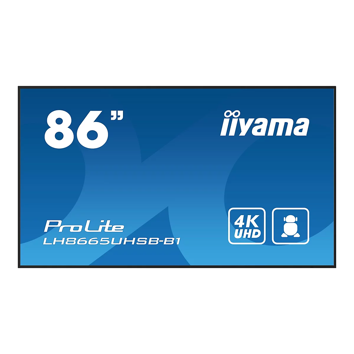 Großer blauer Bildschirm mit weißen Schriftzügen. "86" Zoll. "iiyama" Marke. "ProLite LH8665UHSB-B1", 4K UHD.
