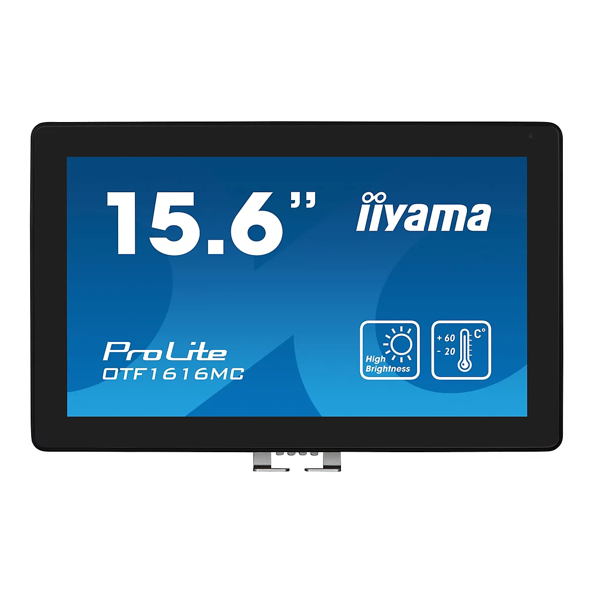 Schwarzes Tablet mit 15,6"-Display, iiyama-Logo und ProLite-Bezeichnung. Blaue Anzeige mit Symbolen für Helligkeit und Temperatur.