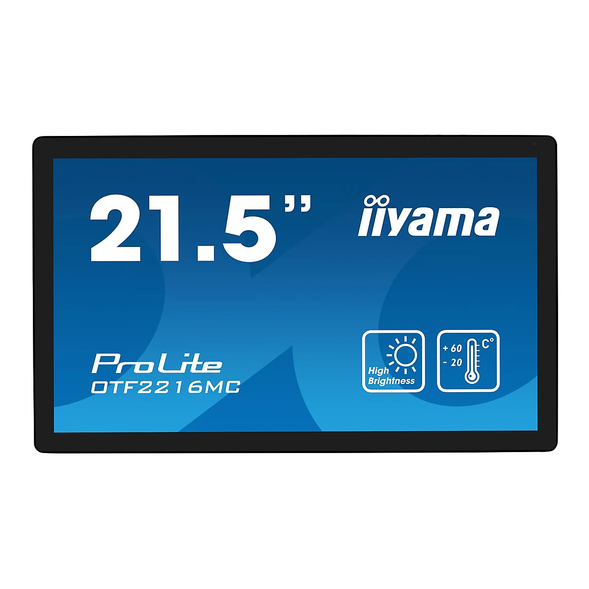 Ein rechteckiger Bildschirm, blau gefärbt, mit schwarzen Rändern. Oben links steht groß "21.5"", darunter "ProLite DTF2216MC" und das iiyama Logo. Auf dem Bildschirm sind Symbole für Helligkeit und Temperatur angezeigt.