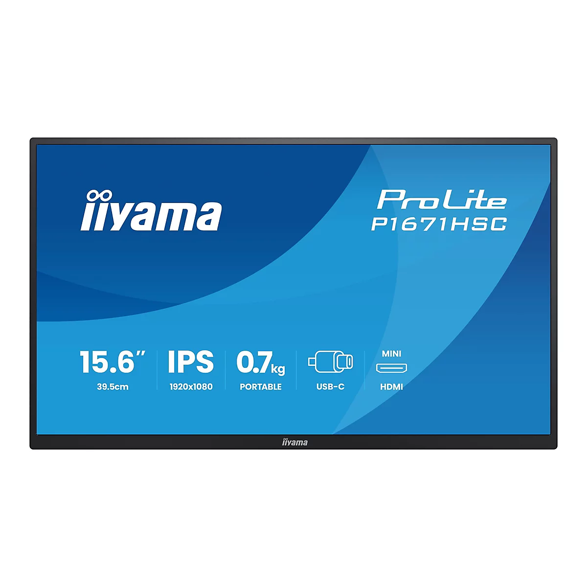 Der Monitor zeigt Informationen wie Größe, Auflösung und Anschlüsse. Das iiyama-Logo ist oben links, ProLite P1671HSC rechts.
