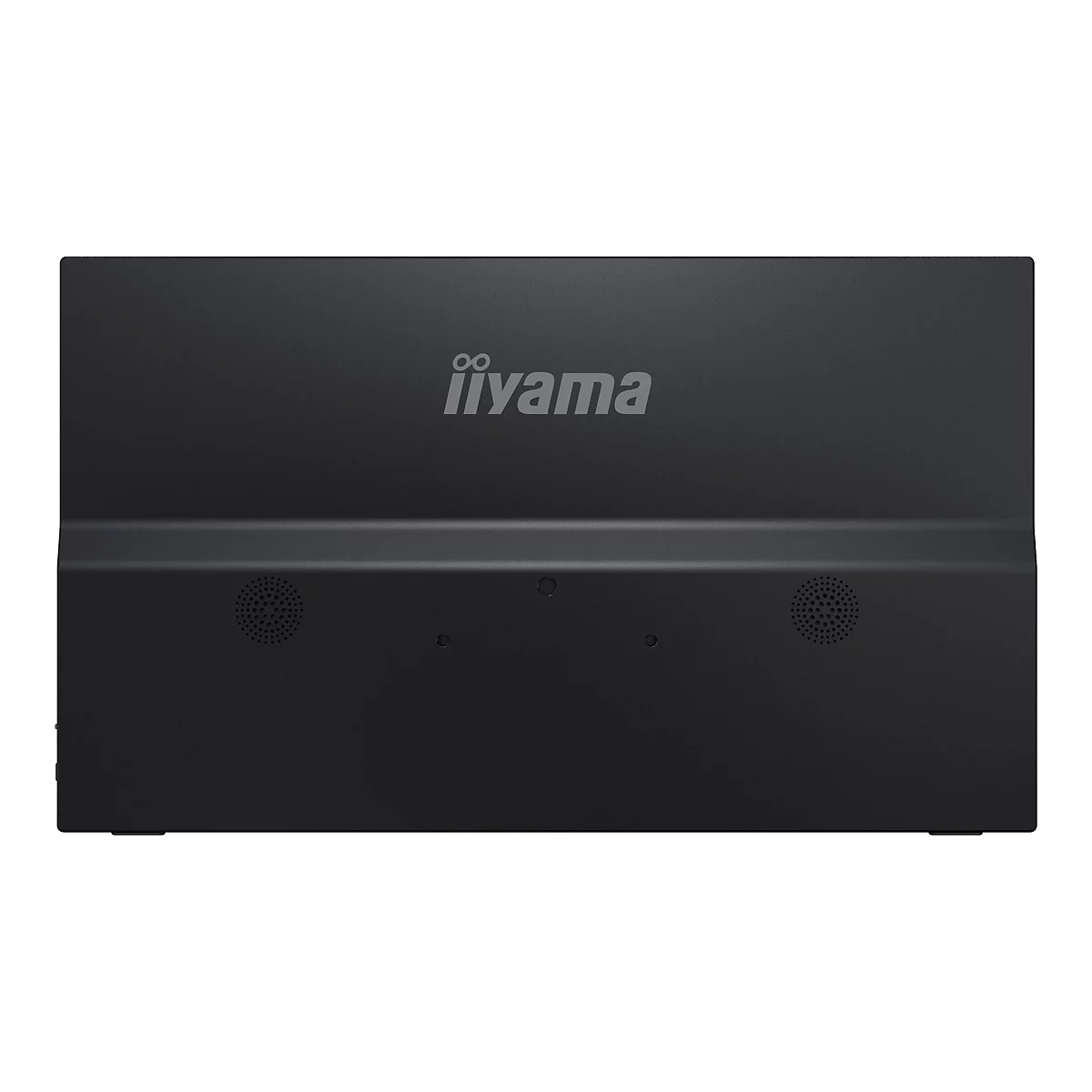 Schwarzer iiyama Monitor, Frontansicht, Lautsprecher und Logo.