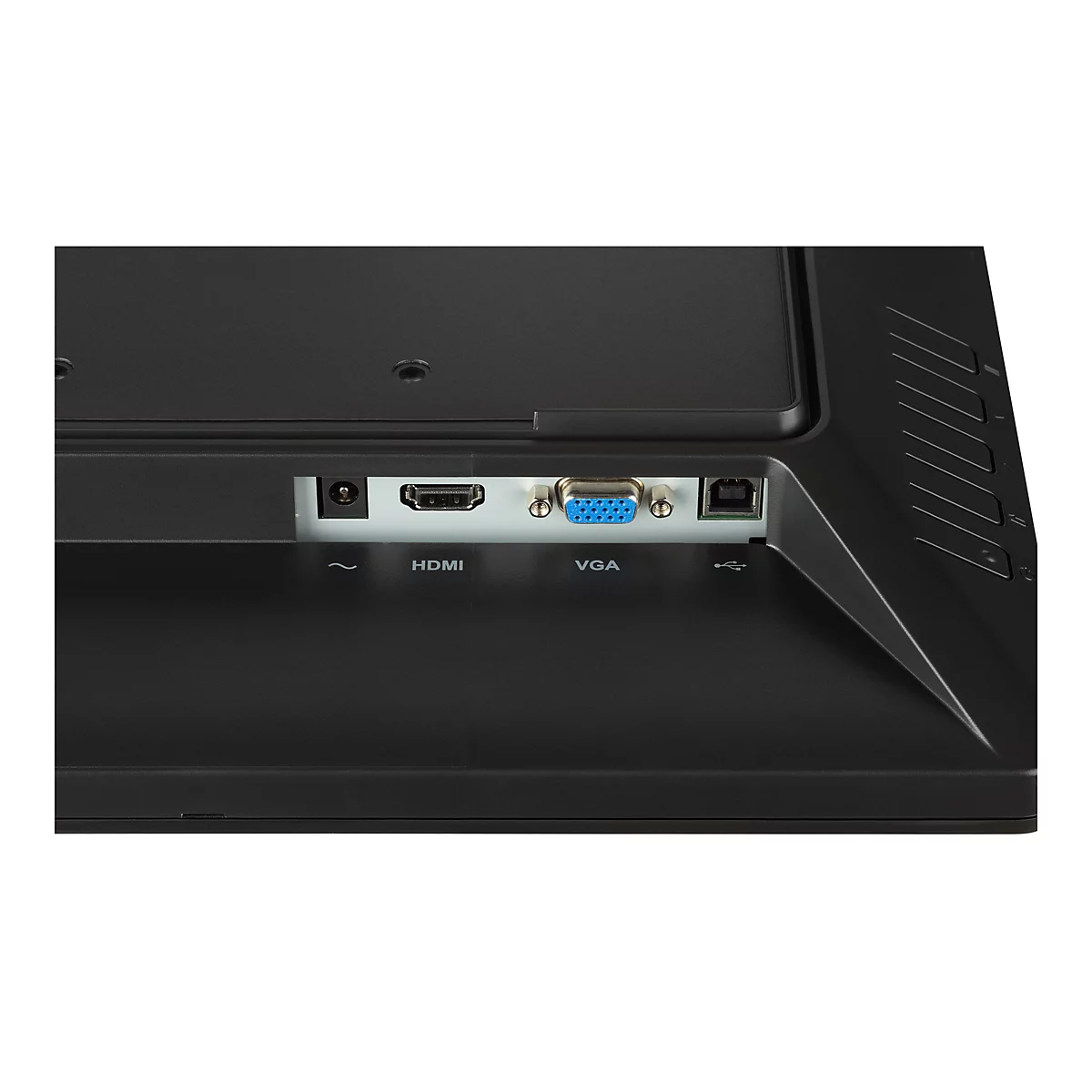Gros plan de l'arrière d'un moniteur noir avec ports HDMI, VGA, alimentation et USB.