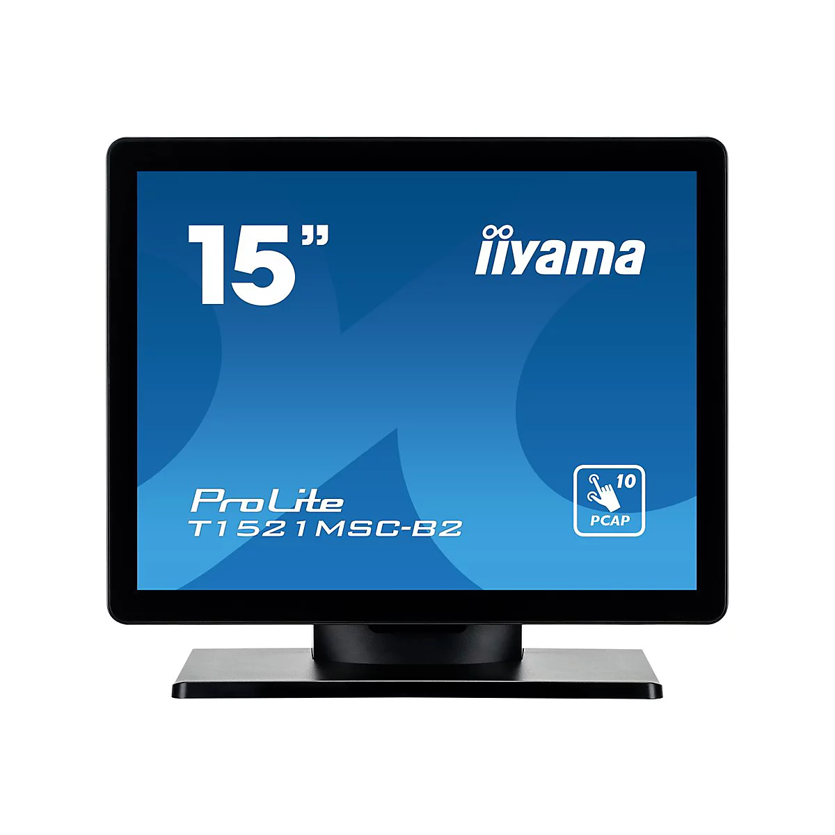 Schwarzer Touchscreen-Monitor mit 15-Zoll-Anzeige, blaue Oberfläche mit Schriftzügen. Die Marke ist 'iiyama'.