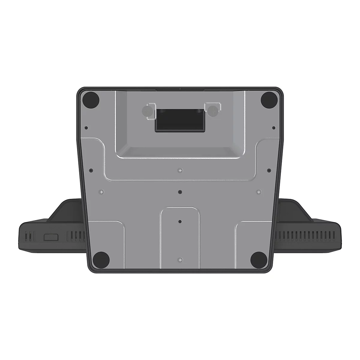 Draufsicht auf die Unterseite eines schwarzen Geräts mit grauer Platte und vier schwarzen Füßen.