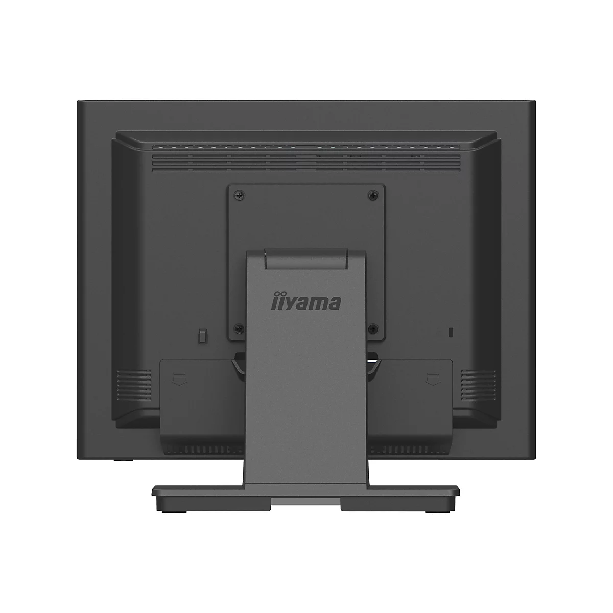 Rückansicht eines dunklen, rechteckigen iiyama-Monitors, der auf einem Ständer steht. Oben mittig das Logo.
