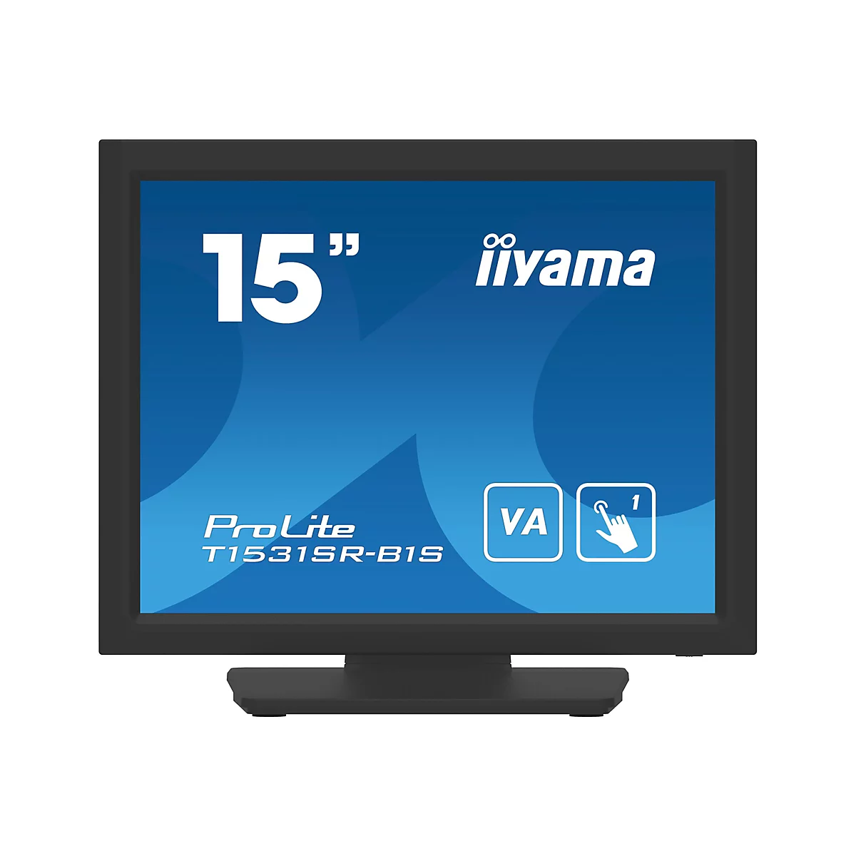 Schwarzer Touchscreen-Monitor mit der Aufschrift 15", iiyama und ProLite. Auf dem Bildschirm befinden sich Symbole.