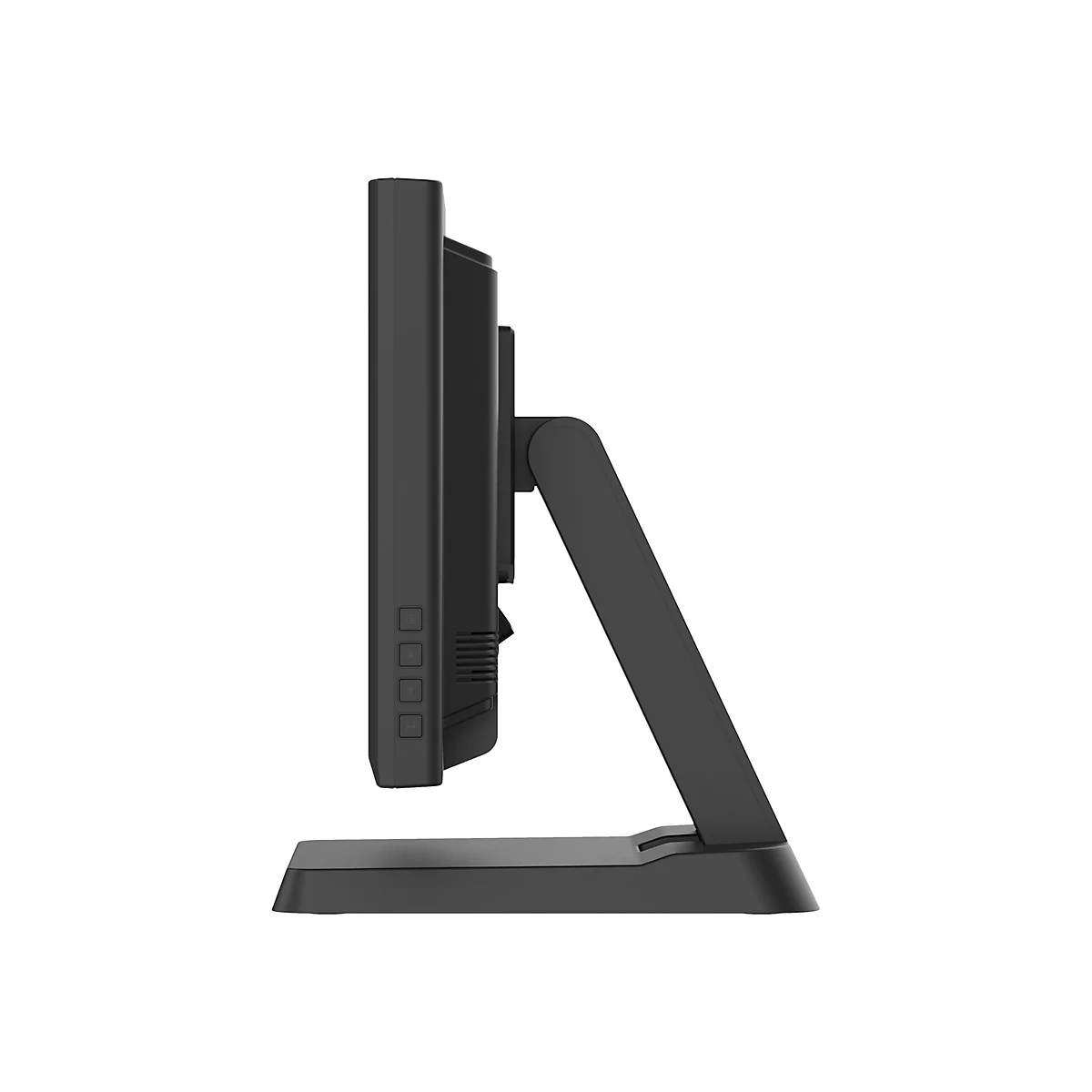 Seitenansicht eines schwarzen Computer-Monitors mit Standfuß vor weißem Hintergrund.