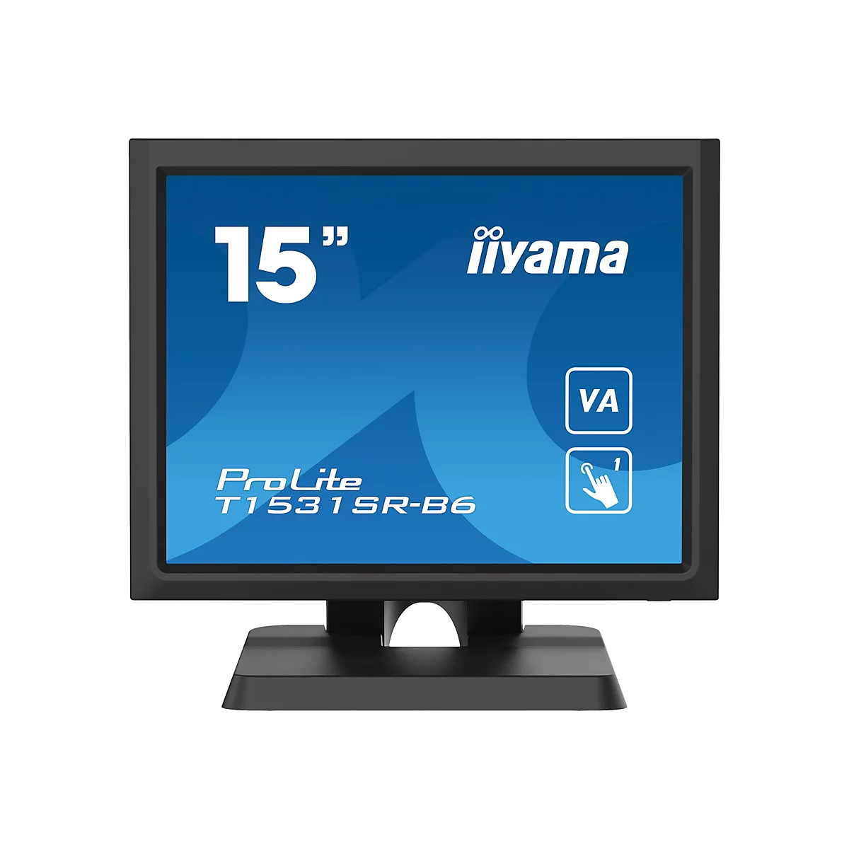 Schwarzer 15-Zoll iiyama ProLite Touchscreen Monitor vor neutralem Hintergrund.