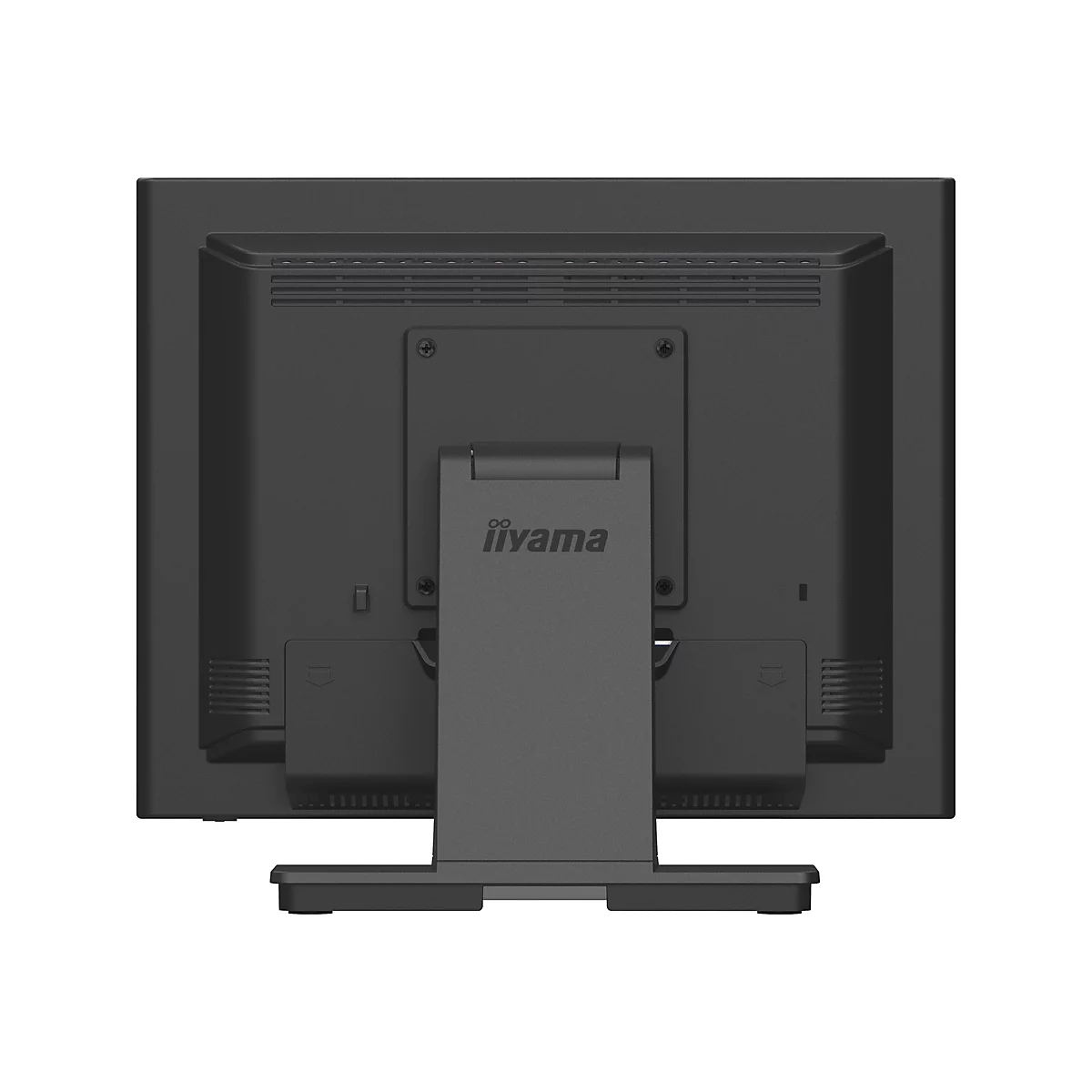 Vue arrière d'un moniteur iiyama noir avec support. Le logo est clairement visible.