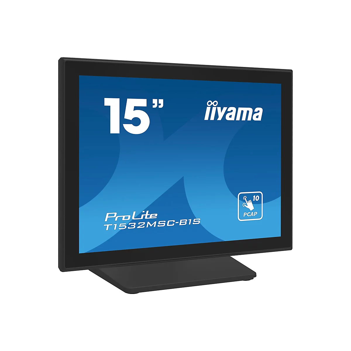 Schwarz-blauer Touchscreen-Monitor mit der Aufschrift "15 Zoll". Markennamen: iiyama und ProLite.