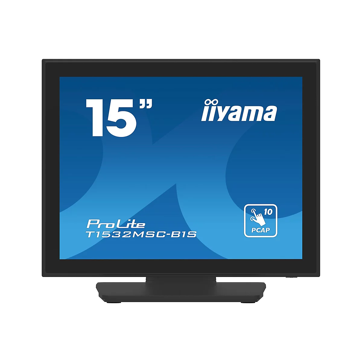 Ein schwarzer Touchscreen-Monitor mit der Aufschrift "15 Zoll". Der Bildschirm zeigt den Schriftzug "iiyama", "ProLite" und "T1532MSC-B1S".