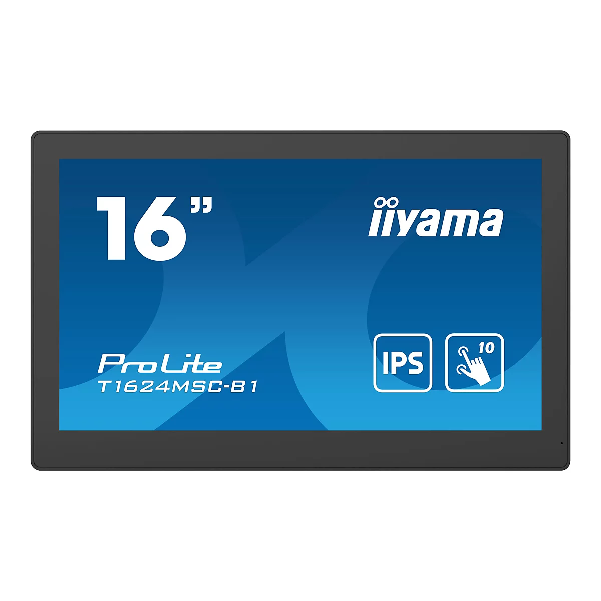 Schwarz gerahmter Touchscreen-Monitor mit der Aufschrift 16 Zoll und dem Logo "iiyama".