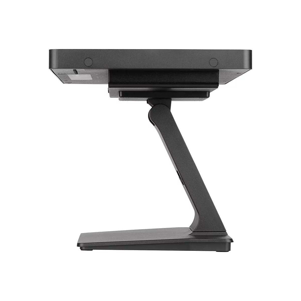 Support d'écran noir avec base, vue de dessus sur fond blanc.