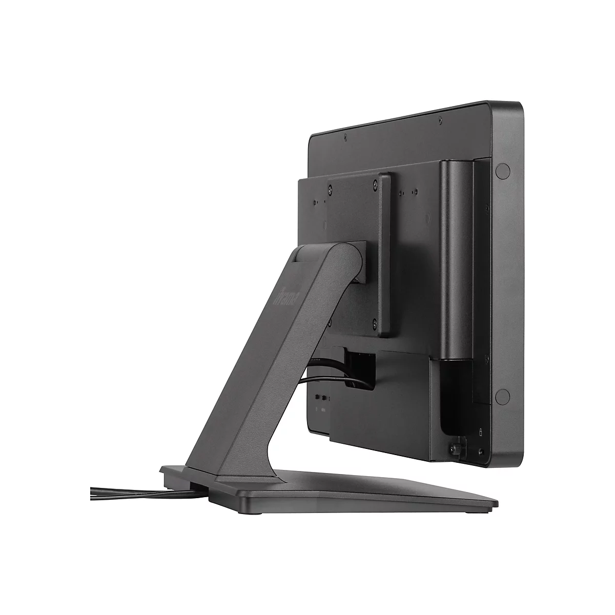 Le moniteur noir est vu de dos avec le pied. L'écran est carré et le logo "Iiyama" est placé sur le bras.
