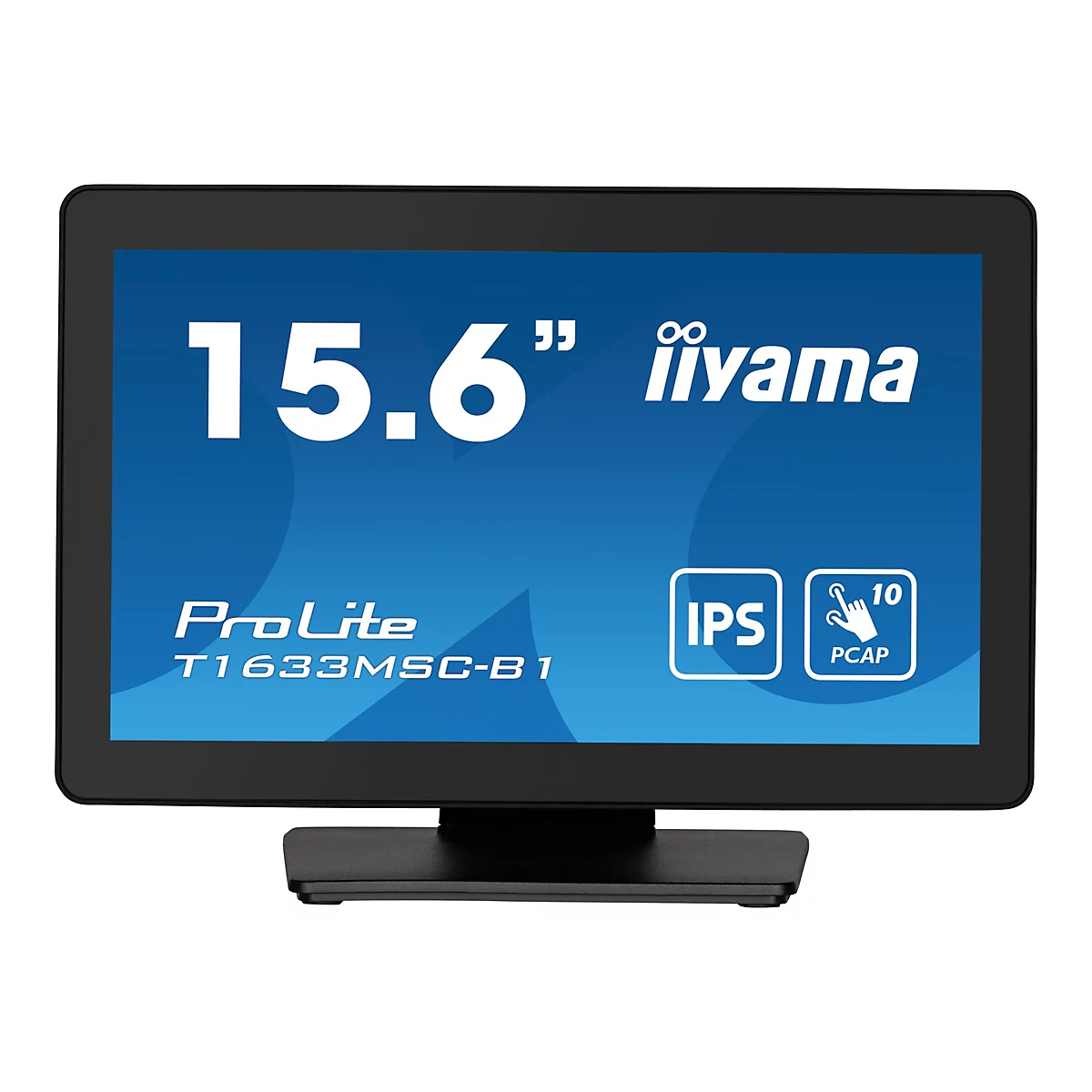 Schwarzer Touchscreen-Monitor mit der Aufschrift 15,6 Zoll, iiyama, ProLite, IPS und PCAP-Touch.