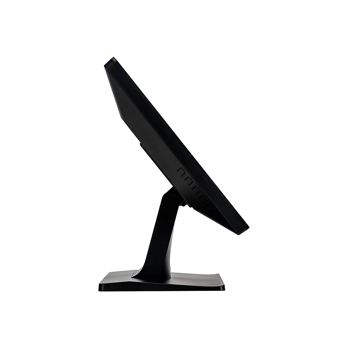 Moniteur d'ordinateur noir de profil, sur fond blanc. Le moniteur repose sur un socle noir.