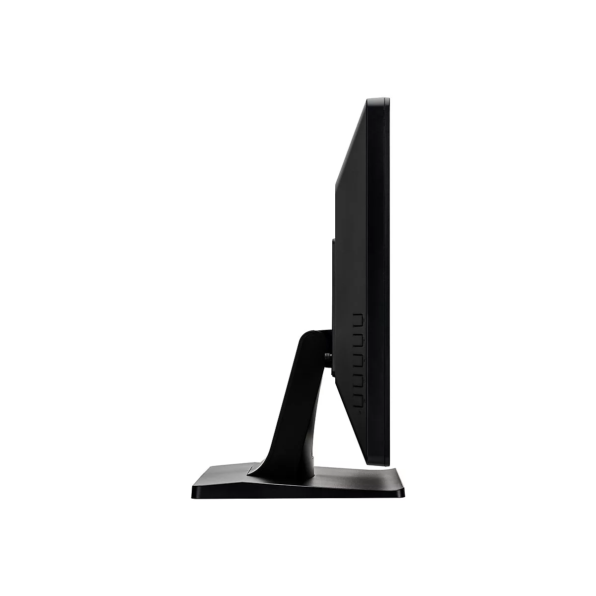 Ein schwarzer Monitor im Profil, mit Standfuß, auf weißem Hintergrund.