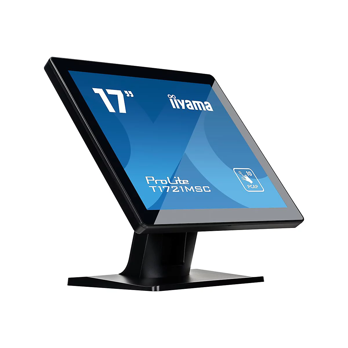 Ein schwarzer Touchscreen-Monitor von iiyama, schräg von vorne aufgenommen. Auf dem Bildschirm sind Schriftzüge wie "17 Zoll" und "ProLite T1721MSC" zu sehen.