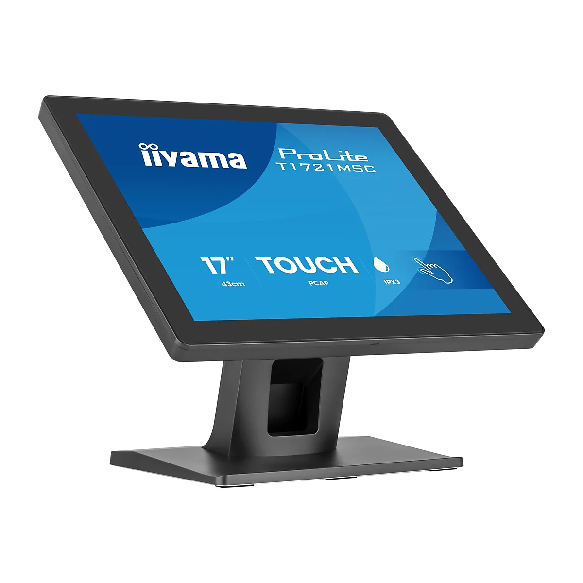 Schwarzer 17-Zoll iiyama Touchscreen-Monitor vor weißem Hintergrund mit blauer Displaygrafik.