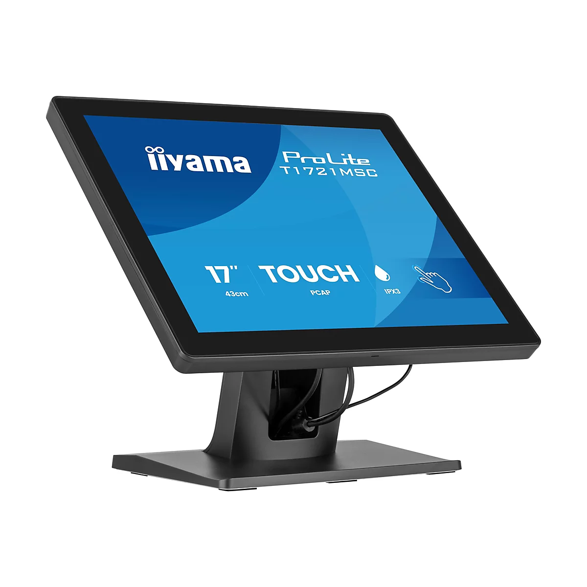 Schwarzer 17-Zoll Touchscreen-Monitor von iiyama ProLite vor weißem Hintergrund.
