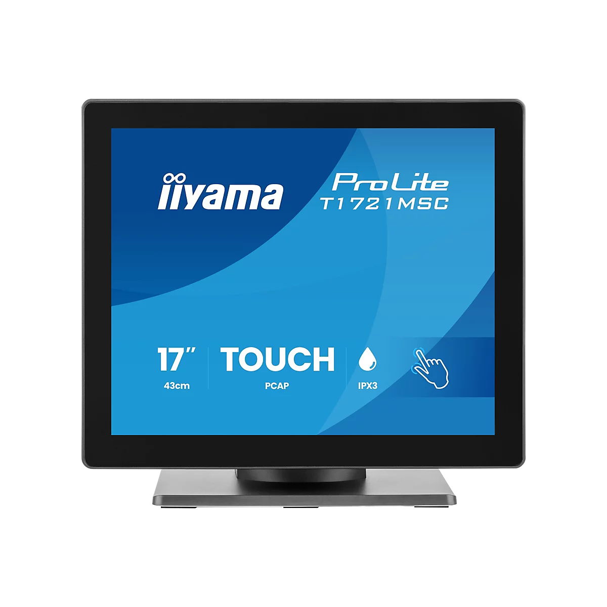Iiyama ProLite Touchscreen Monitor, 17 Zoll, PCAP-Technologie, IPX3-zertifiziert, auf grauem Standfuß.