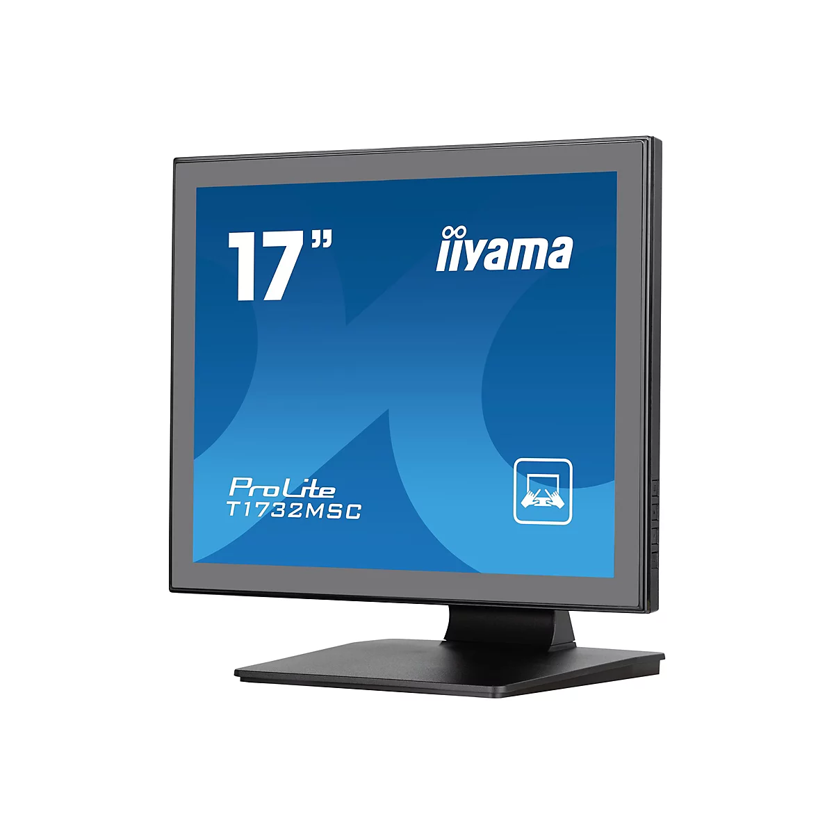 Ein Touchscreen-Monitor von Iiyama, 17 Zoll, auf weißem Hintergrund. Der Bildschirm zeigt blaues Muster mit Schriftzügen.