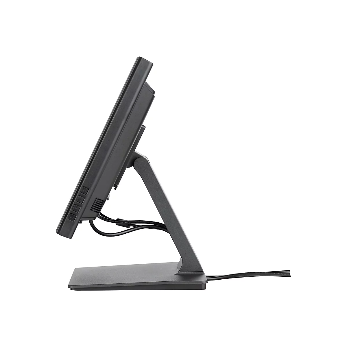 Ein grauer Monitor von der Seite, der auf einem grauen Ständer steht. Die Rückseite hat Knöpfe. Kabel führen zum Ständer.