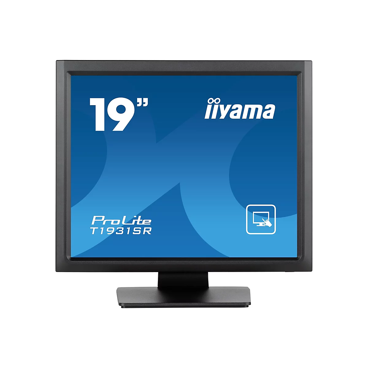 Ein 19-Zoll-Monitor der Marke iiyama, ProLite T1931SR, vor blauem Hintergrund. Das Display ist rechteckig und schwarz umrandet.