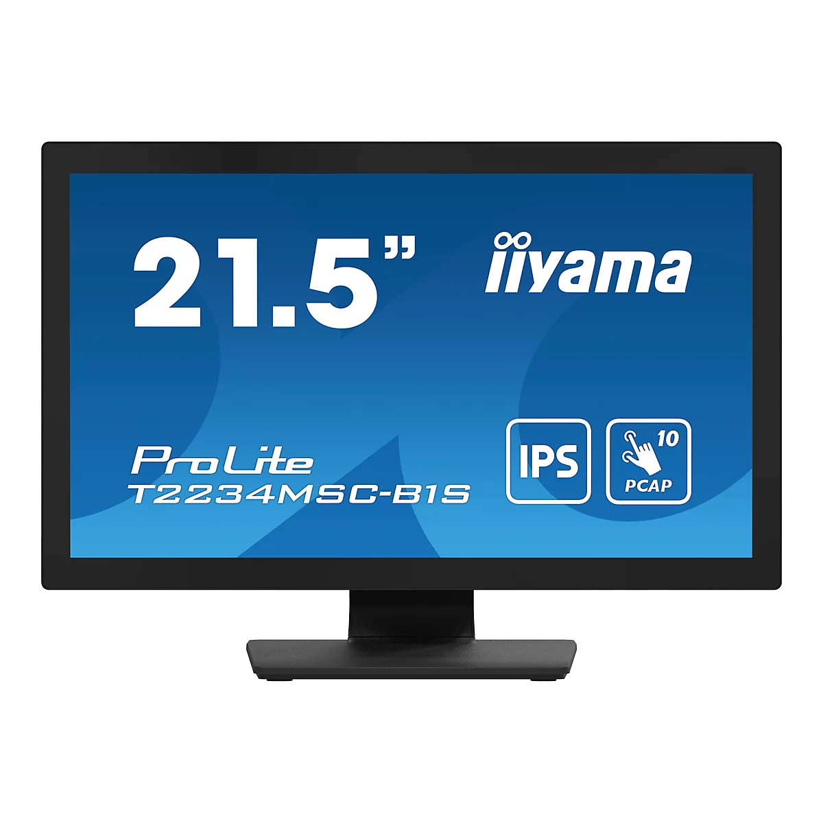 Flachbildschirm, schwarz gerahmt, vor blauem Hintergrund. Text: 21.5", iiyama, ProLite T2234MSC-B1S, IPS, PCAP.